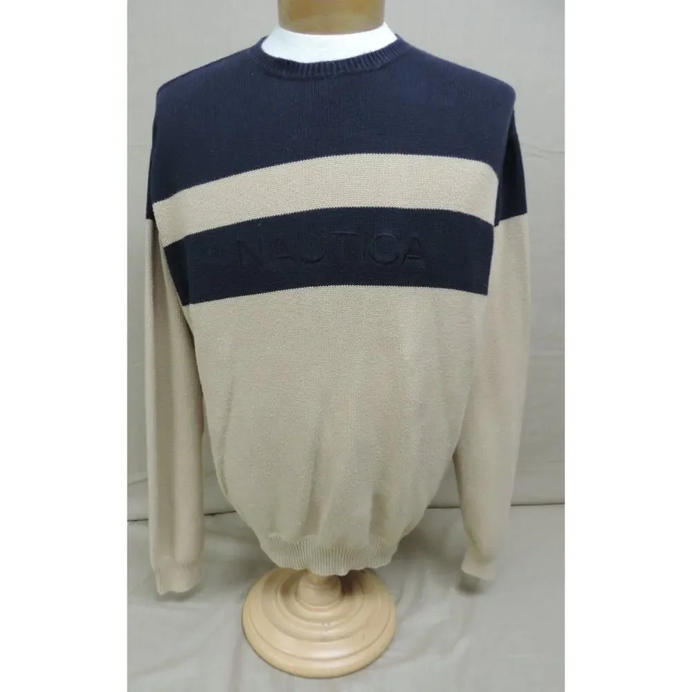 Nautica men's size L cotton crew neck sweater knit tan and navy blue